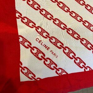 Vintage Celine Paris Silk Scarf - Red chain design and border on White